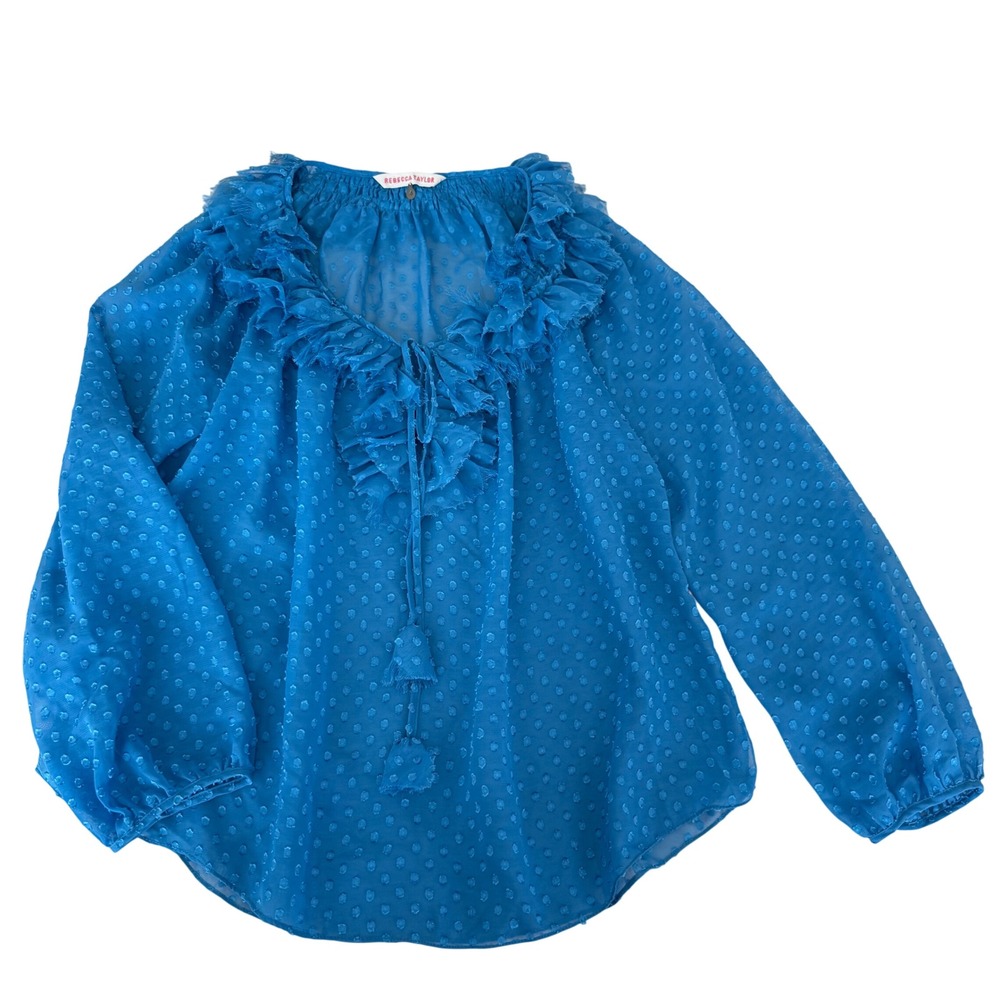 Rebecca Taylor Chiffon Swiss Dot Ruffle Tie Neck Blouse Blue Women's Top size 4